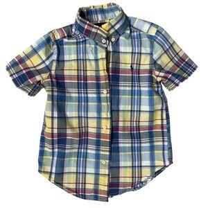 Ralph Lauren Button Down Shirt Boys Size 3 Blue/Yellow Plaid Cotton Short Sleeve